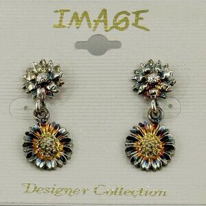Multi color oxidized metal earrings, Image, NWOT, on original card, floral style